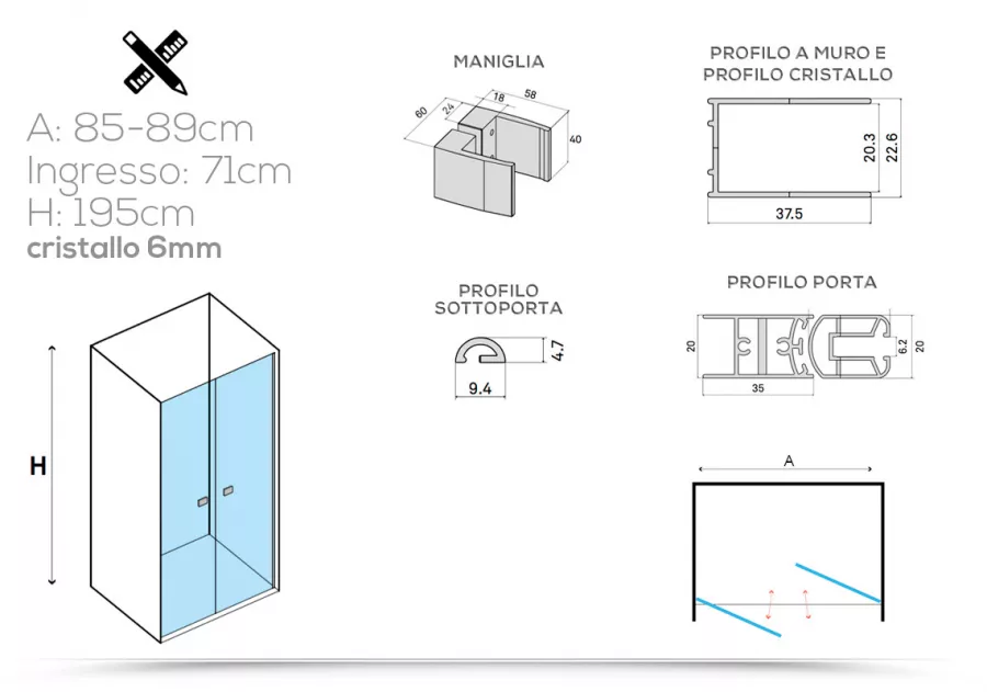 Box doccia 87 cm porta saloon per nicchia in cristallo anticalcare 195h - Tempo  Evo