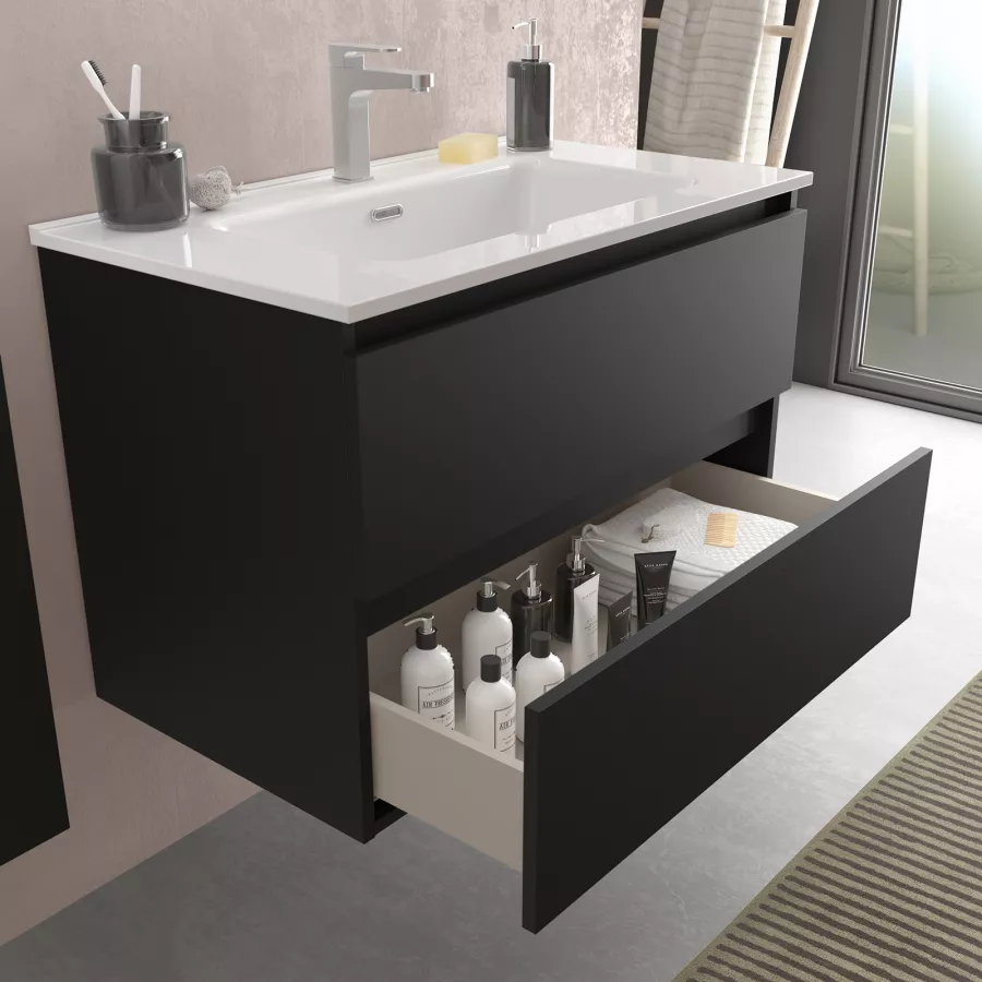 Mobile bagno sospeso 70 cm nero opaco con lavabo integrato e specchio -  Anami