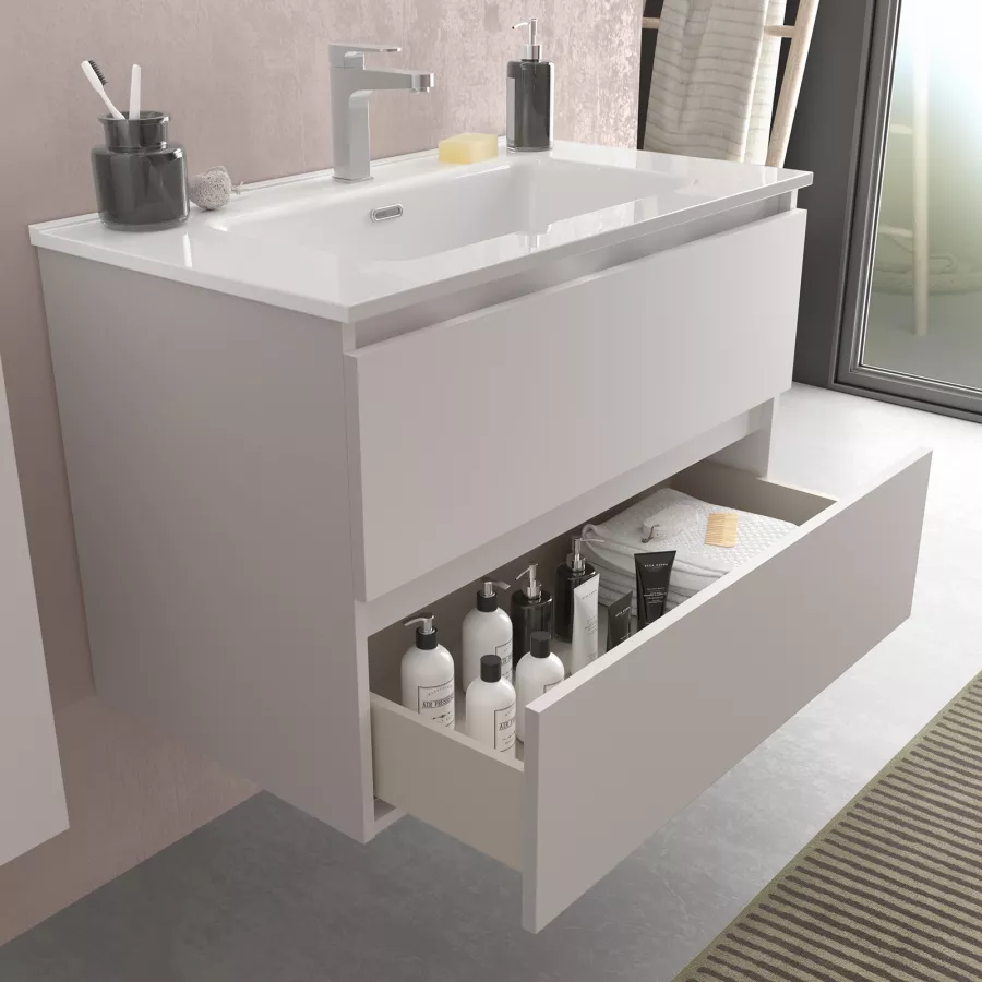 Mobile bagno sospeso 100 cm bianco opaco con lavabo integrato e specchio -  Anami