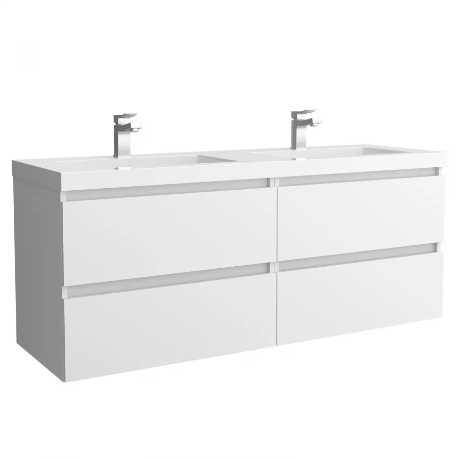 Mobile bagno sospeso 140 cm bianco opaco con doppia vasca e specchio - Anami