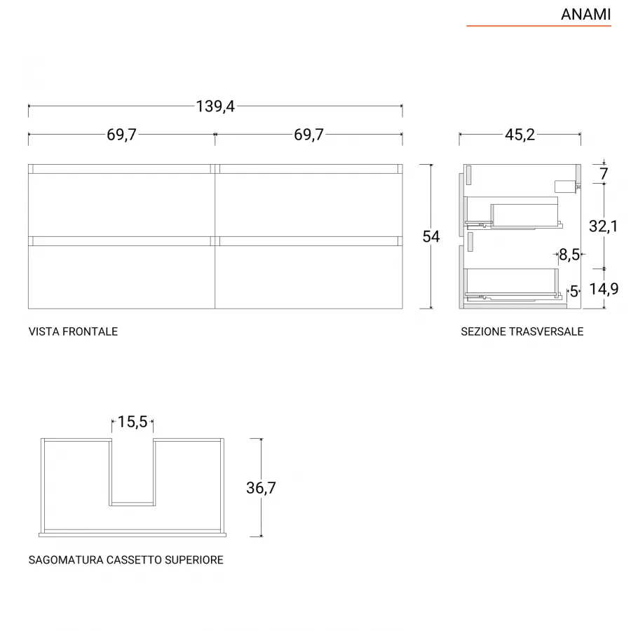 Mobile bagno Made in Italy sospeso in vero legno legno rovere 140 cm. -  Ceramica Sud