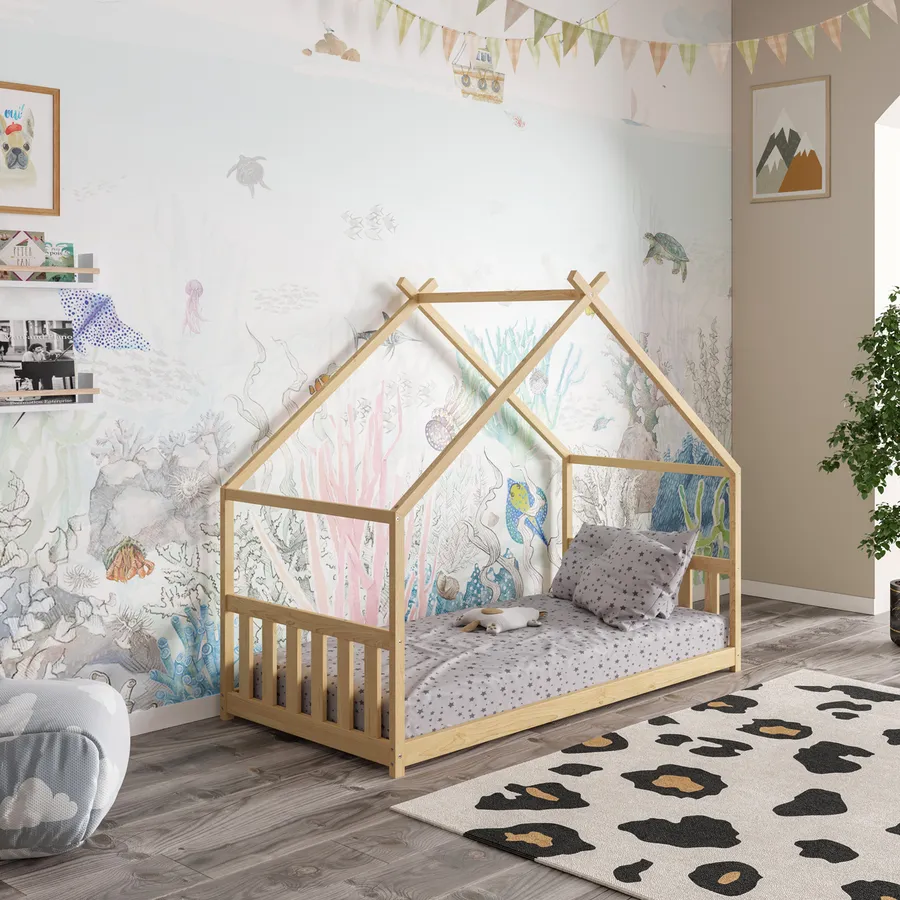 AIYAPLAY Letto A Capanna Per Bambini 90x190 Cm - Struttura In Legno Di Pino Grigio Con Protezioni Anticaduta E Tetto Incluso