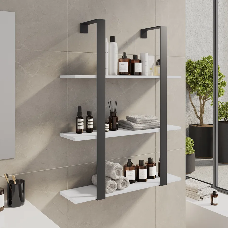 DEANKEJI Mensola Adesiva Per Bagno 30 Cm - Acciaio Carbonio E Legno Di Faggio, Con 3 Ganci Magnetici, Scaffale A Muro Per Doccia