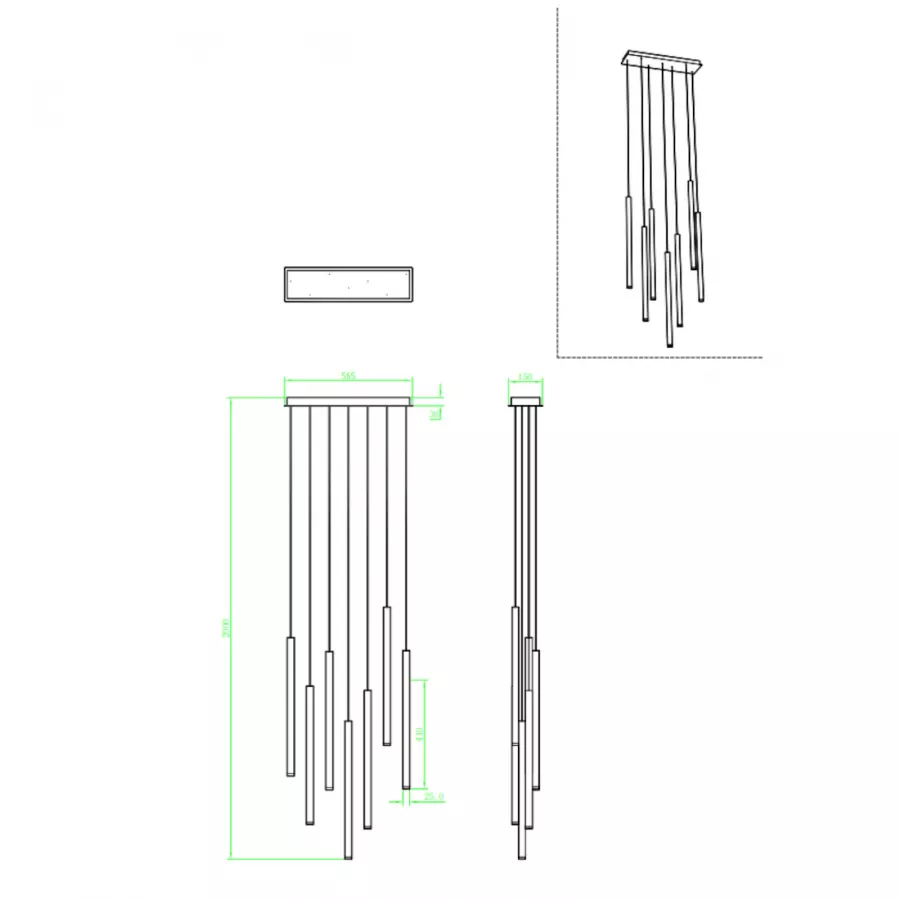 Lampada sospesa multipla 200x56,5 cm in metallo oro spazzolato