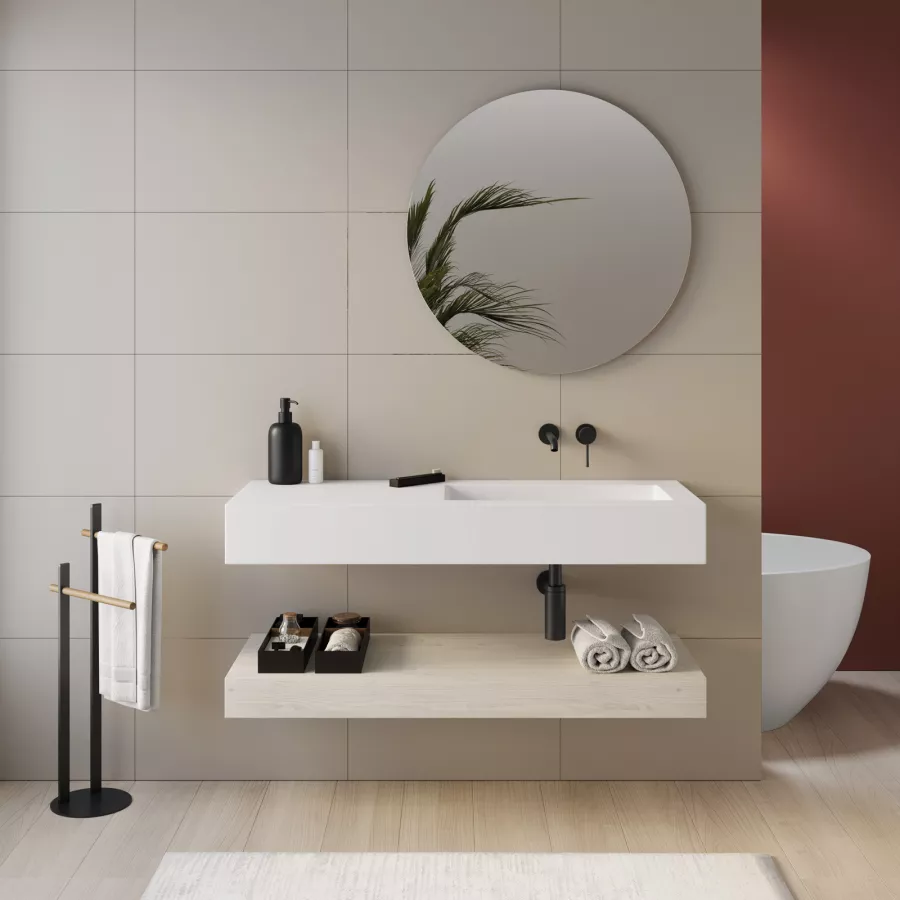 Top lavabo dx bianco opaco 120 cm con piano da appoggio rovere bianco e  specchio - Medina