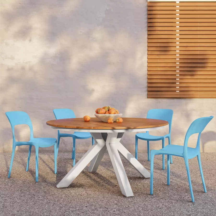 Set pranzo tavolo rotondo 150 cm top in legno e 4 sedie in polipropilene  celeste - Paint