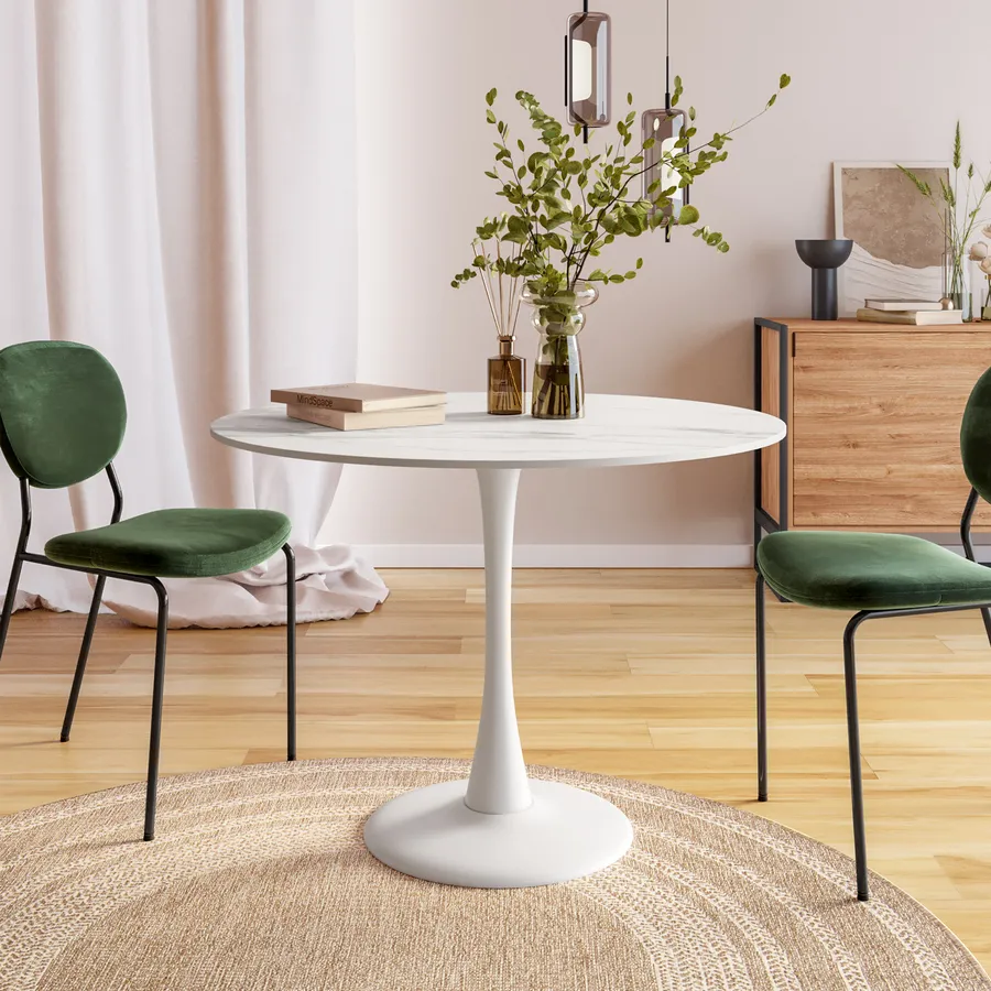 Tavolo da pranzo moderno rotondo a tulipano, 90 cm, con piano colorato bianco, per cucina, sala da pranzo, fino a 6 persone, mobili eleganti e funzionali per piccoli spazi