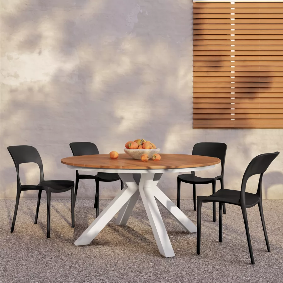 Set pranzo tavolo bianco top in legno Ø 150 cm e 4 sedie impilabili in  polipropilene