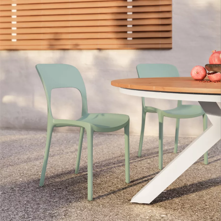 Set pranzo tavolo rotondo 150 cm top in legno e 4 sedie in polipropilene  verde bosco 