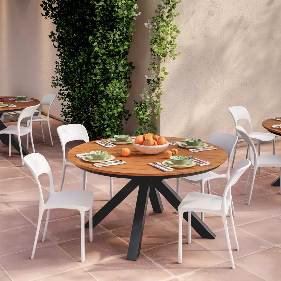 Set pranzo tavolo antracite top in legno Ø 150 cm e 4 sedie impilabili in  polipropilene