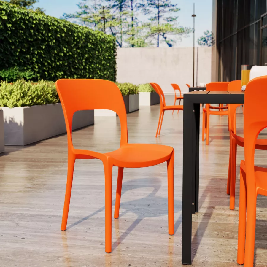 Set pranzo tavolo quadrato con piano effetto legno 90x90 cm e 4 sedie  impilabili arancio - Paint