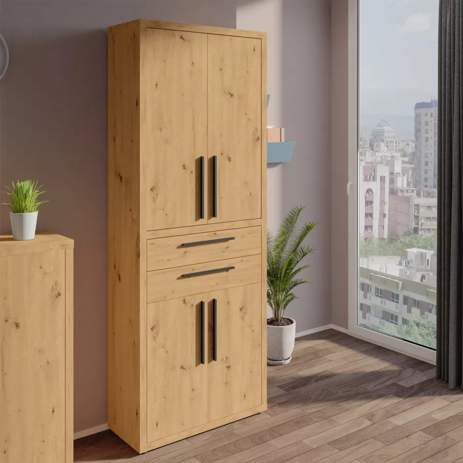 Libreria 82x217h cm in legno rovere artisan con 4 ante e 2 cassetti - Garen