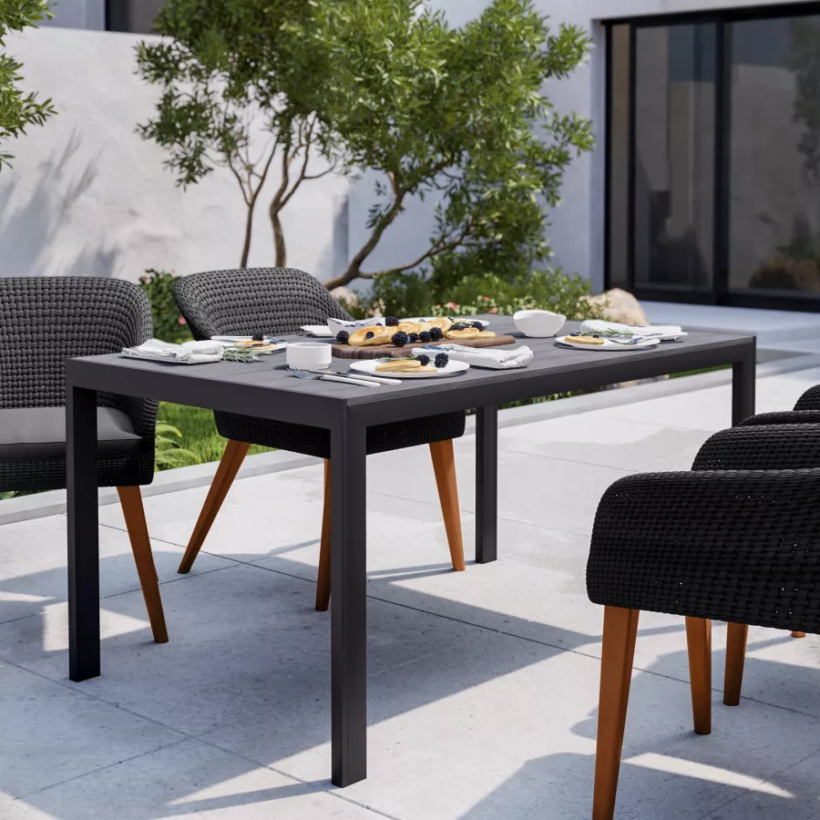 Set pranzo tavolo con piano 150x90 cm e 4 poltrone in polyrattan nero -  Flamenco