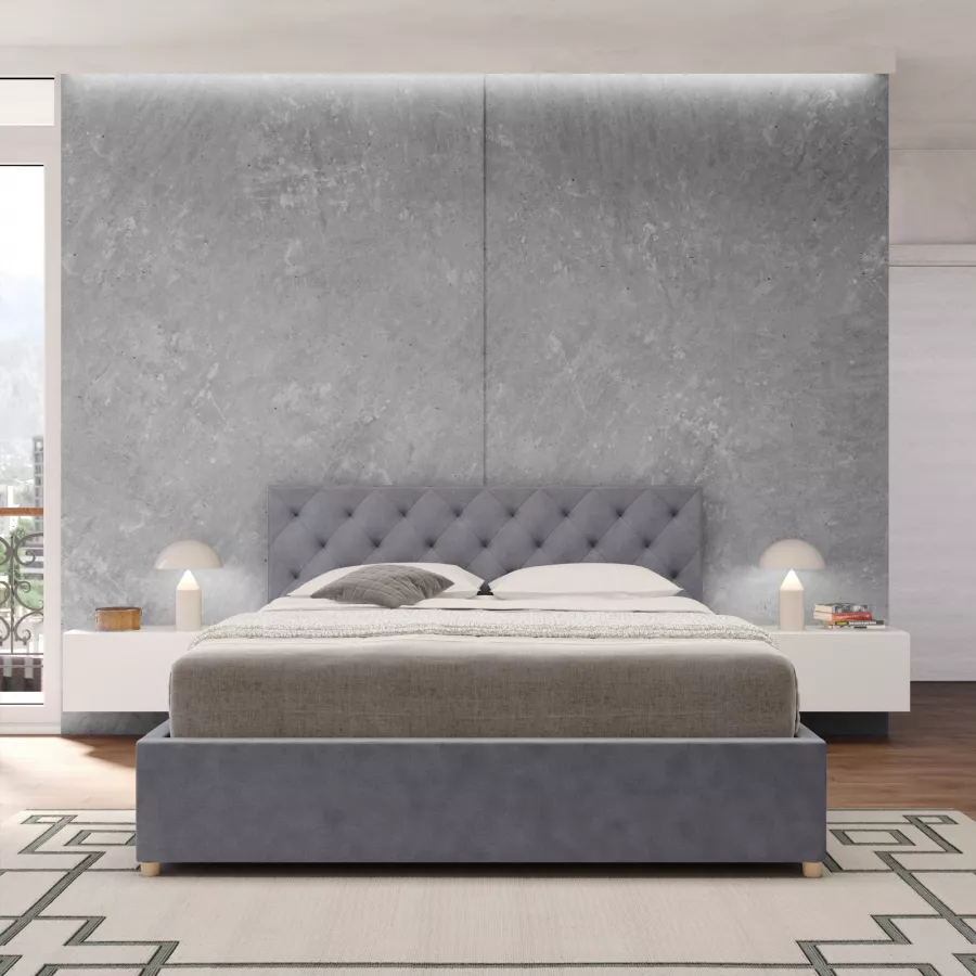 Letto matrimoniale 160x190 cm in tessuto grigio con contenitore - Aliri