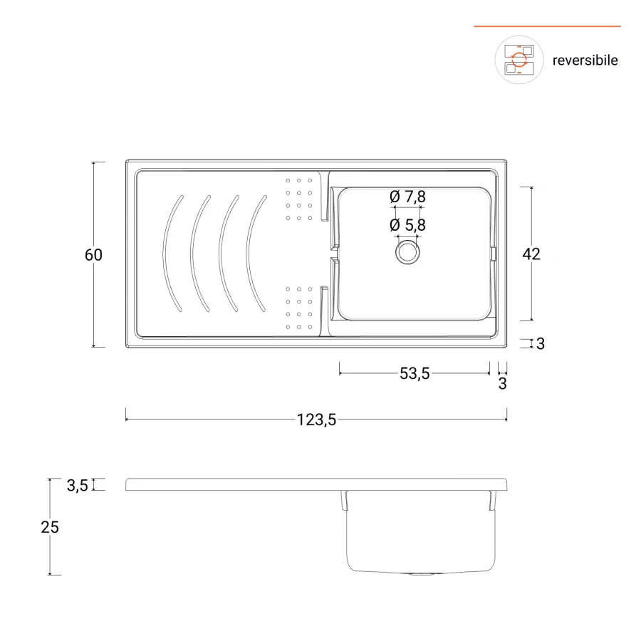 MOBILE COPRILAVATRICE CON VASCA L124xP60xH89 cm Vasca a Dx