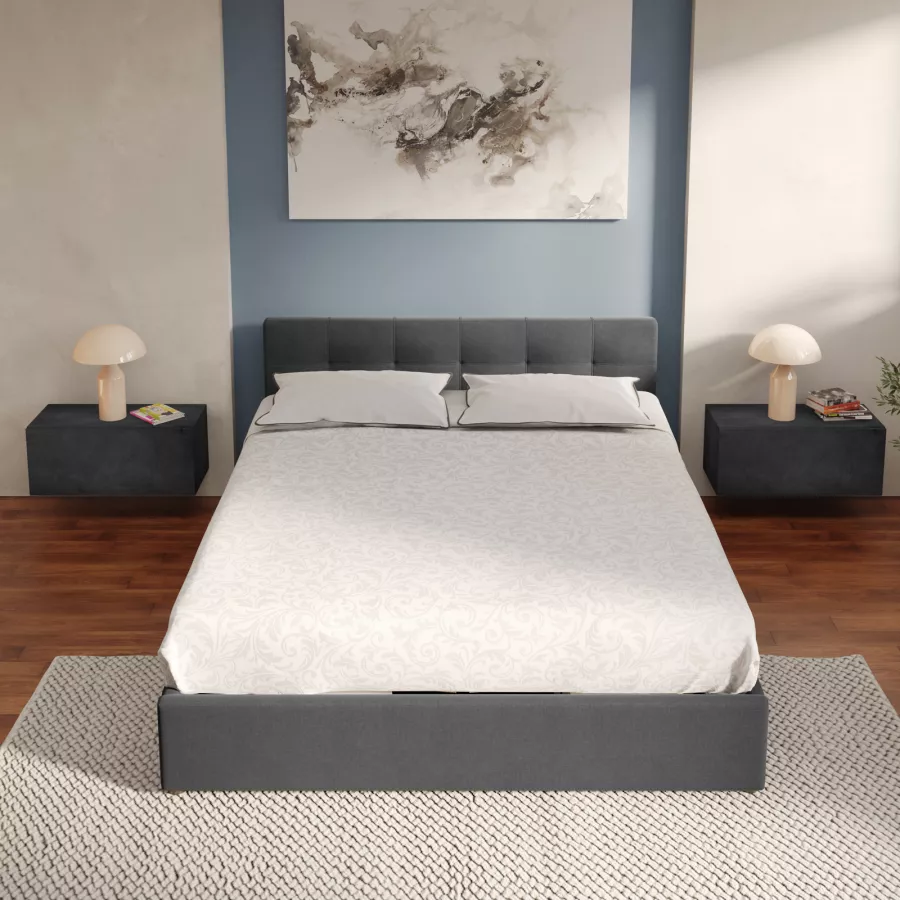 Letto matrimoniale 160x190 cm in tessuto cenere con contenitore - Henderson