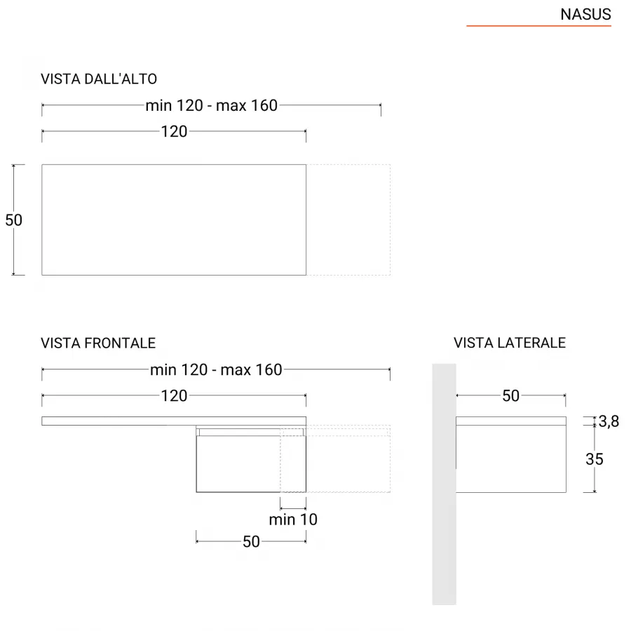 Scrivania sospesa 120-160x50 cm top 38 mm argilla e cassetto rovere deciso  - Nasus