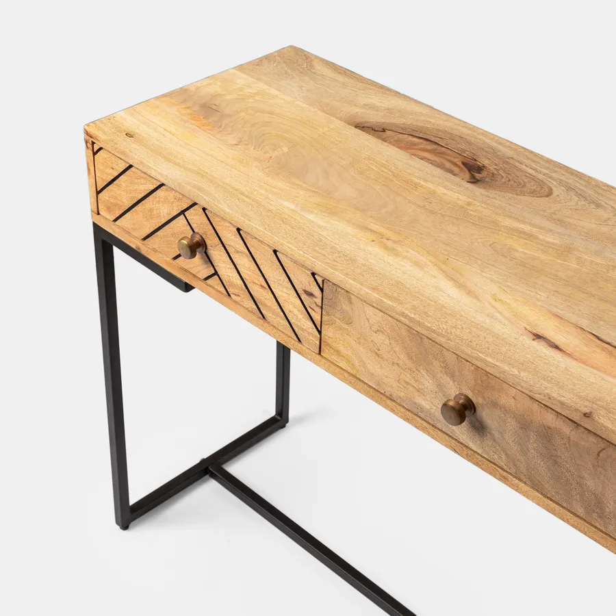 Tavolo Consolle A Forma Di Bicicletta Vintage - Legno Massello Di Mango E Ferro, 183x35,6x84 Cm, Unico Fatto A Mano, Bianco