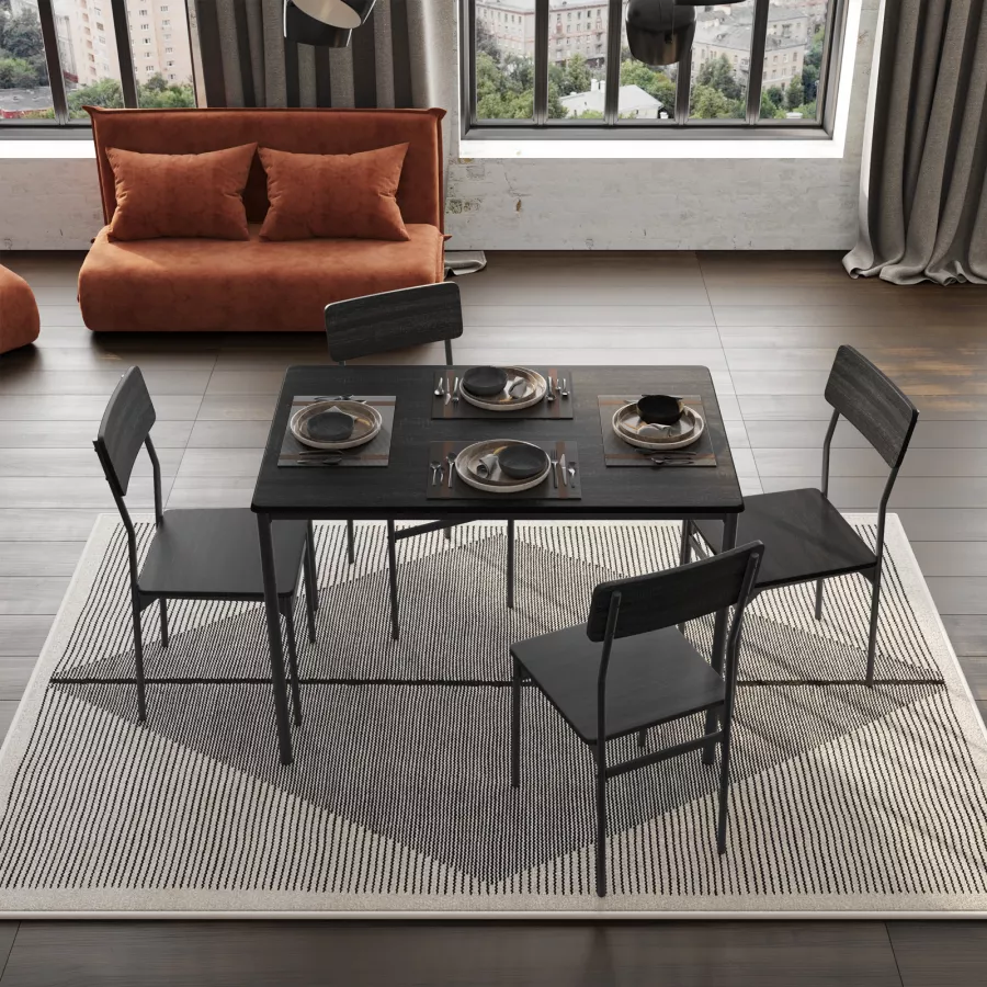 Set pranzo tavolo 110x70 con top effetto rovere nero e struttura in acciaio  con 4 sedie 