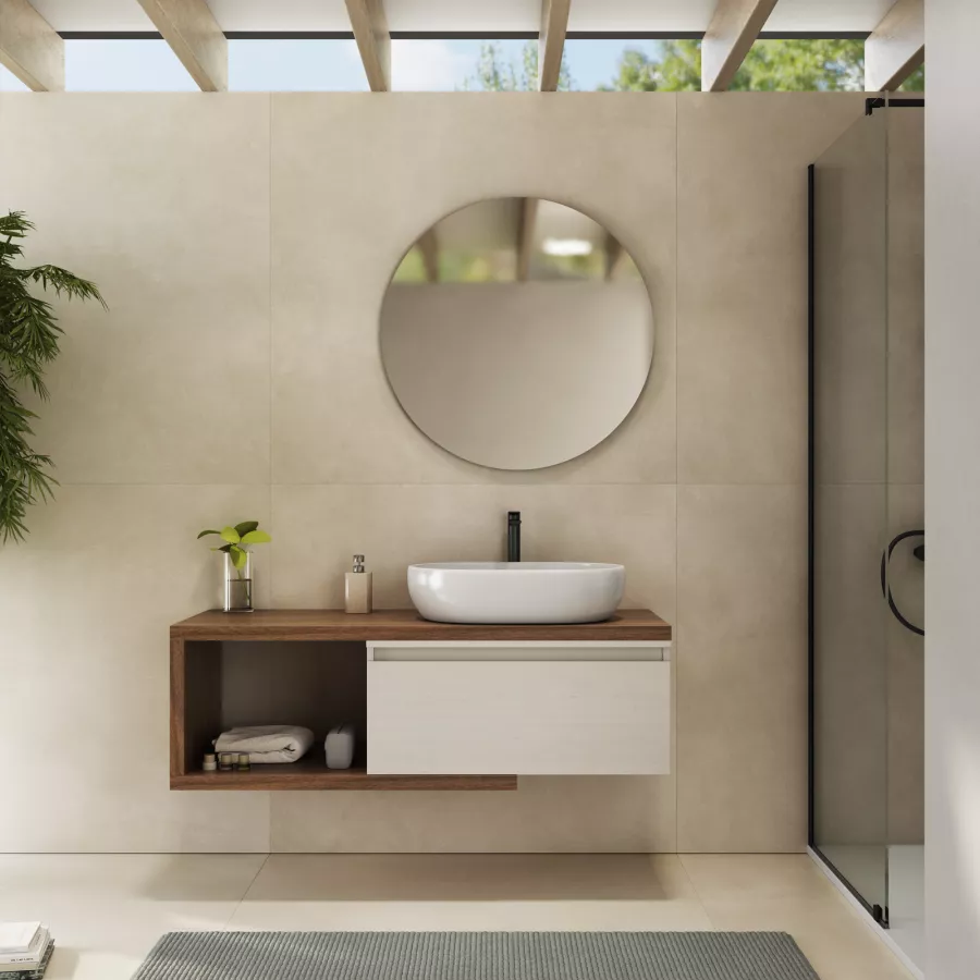 Mobile bagno sospeso 120 cm rovere deciso con cassettone rovere bianco e  specchio - Balik