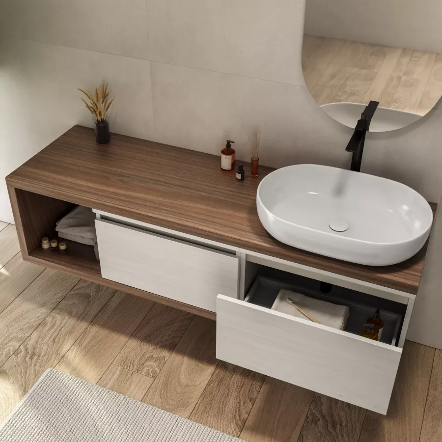 Mobile bagno sospeso 160 cm rovere deciso con cassettoni rovere bianco e  specchio - Balik