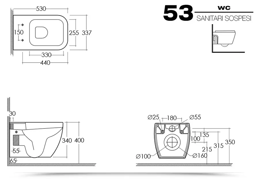 Sanitario Bagno WC Ovale Sospeso 340x350x560mm con Sedile Copri WC Soft  Close - Exton