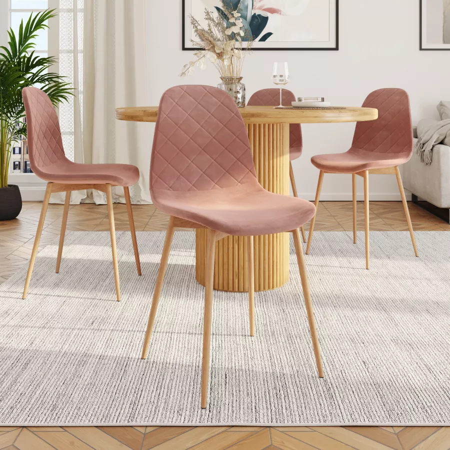 Set 4 sedie in velluto trapuntato rosa antico con gambe in metallo effetto  legno - Finesse