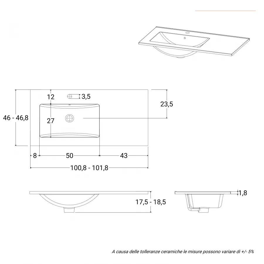 Mobile bagno sospeso 100 cm rovere africa con lavabo sx e vano a giorno  nero opaco 