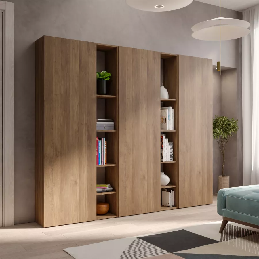 Libreria 221x186h cm 5 elementi in legno mercure con vani a giorno e 3 ante  - Clary