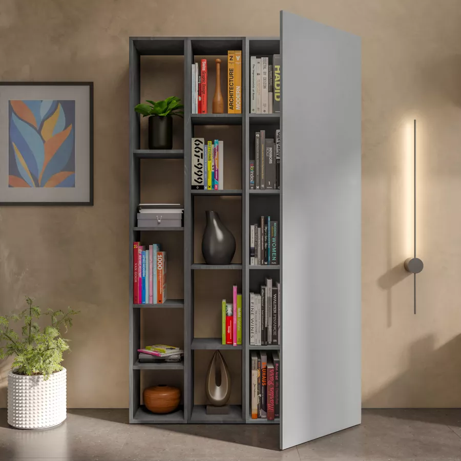 Libreria 111x186h cm 3 elementi con vani a giorno in legno piombo e anta in  legno