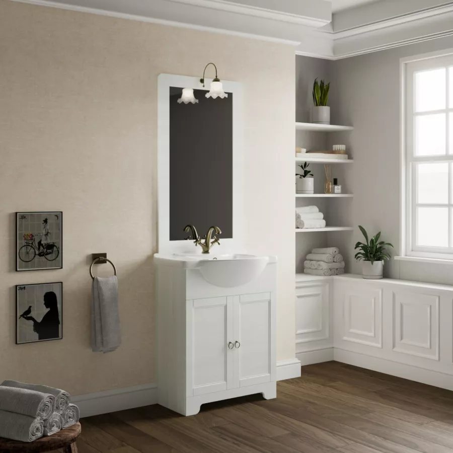 Mobile bagno a terra 2 ante 65 cm bianco decapè con specchiera e applique -  Carmel