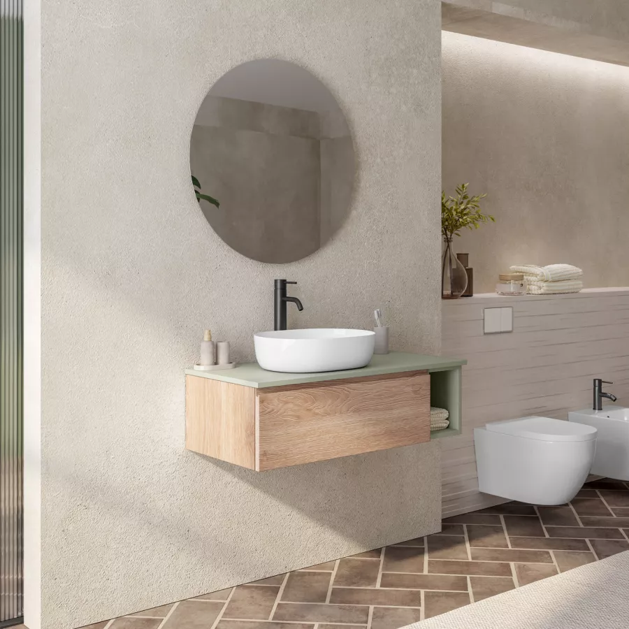 Mobile bagno sospeso portalavabo 100 cm rovere biscuit con vano verde  ovatta e specchio - Verano