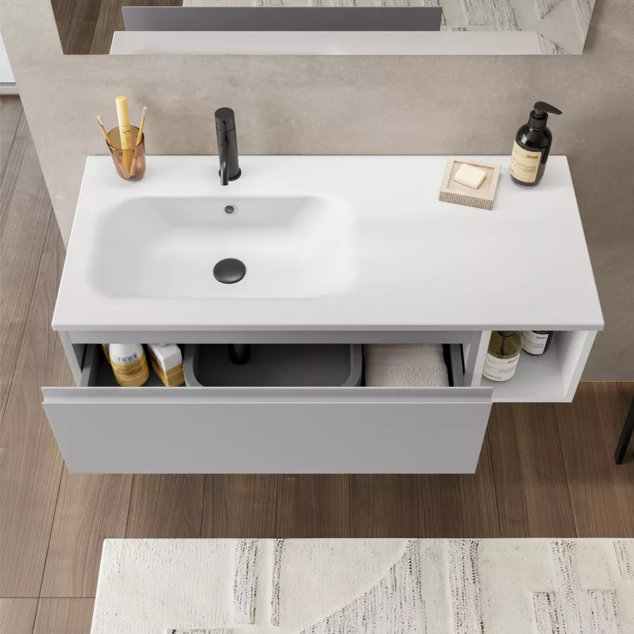 Mobile bagno sospeso 175 cm con piano bianco due cassetti e vano a giorno