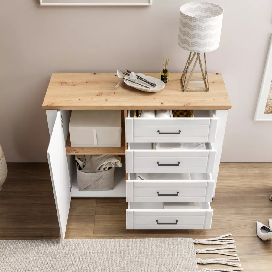 Cassettiera 118 cm in legno bianco con quattro cassetti e un'anta - Ausik