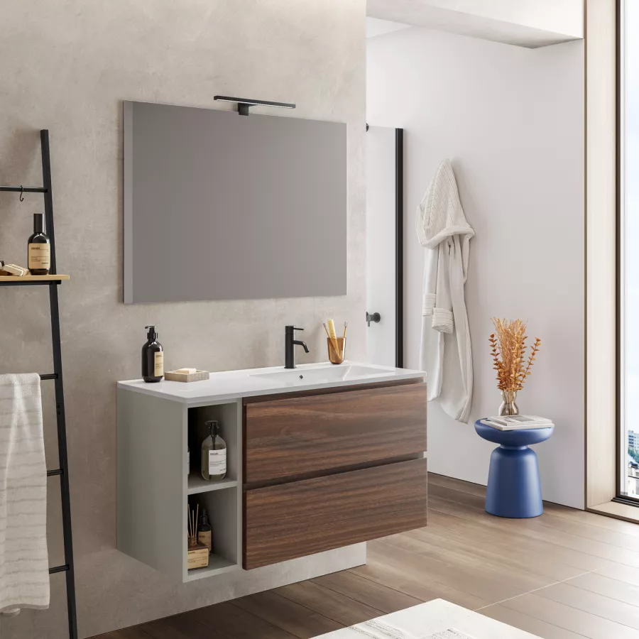 Mobile bagno sospeso portalavabo 100 cm con cassettone rovere biscuit e  specchio - Verano