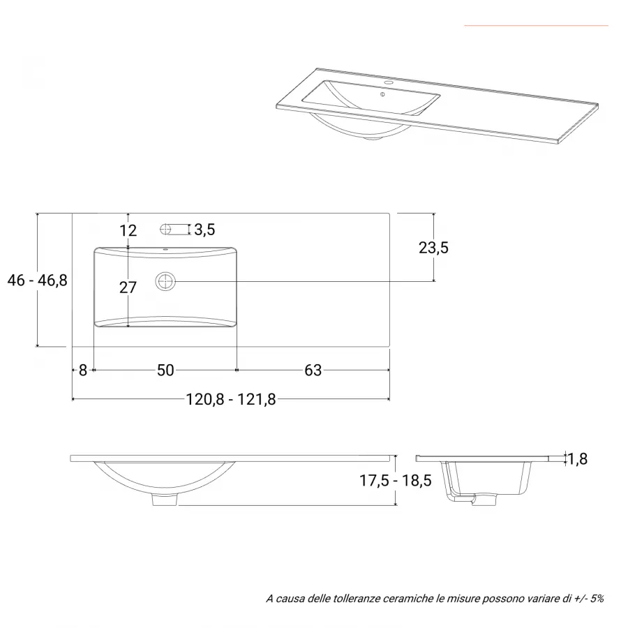 Mobile bagno sospeso portalavabo sx 120 cm noce maior cannettato con lavabo  grigio pietra - Cognac