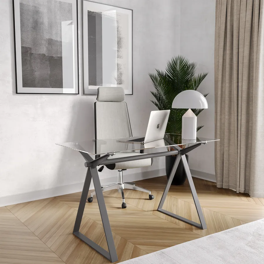 Scrivania 120x60 cm piano vetro temperato e base in acciaio grigio