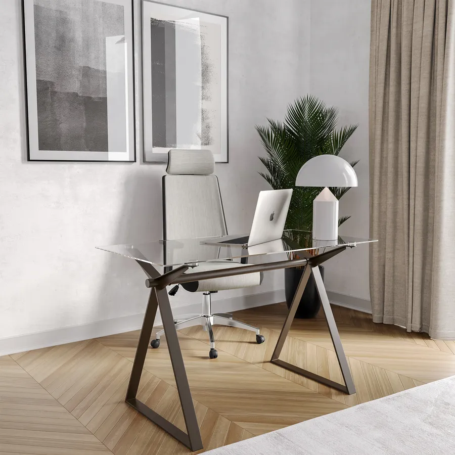 Scrivania 120x60 cm piano vetro temperato e base in acciaio bronzo