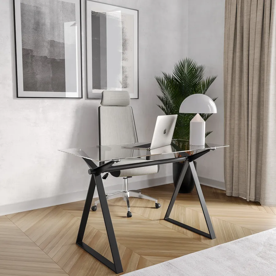 Scrivania 120x60 cm piano vetro temperato e base in acciaio nero