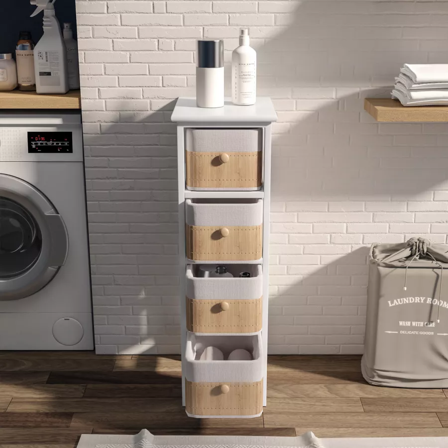 Cassettiera bagno 26 cm con quattro cassetti in legno bianco e bambù  naturale - Devin