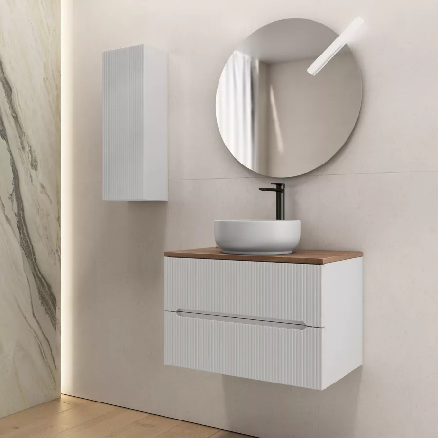 Mobile bagno portalavabo 70 cm cannettato con cassetti bianco opaco e top  rovere deciso con specchio 