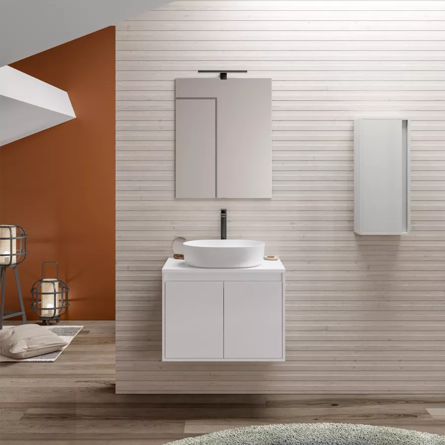 Mobile Bagno Sospeso Portalavabo Cm Bianco Opaco Con Ante E Specchio