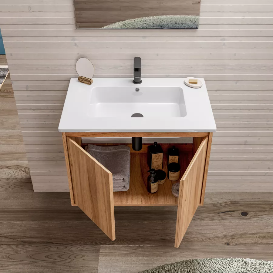 Mobile Bagno Sospeso Con Lavandino Integrato in Rovere Chiaro Set Mobiletto  Bagno Design Moderno Con Lavabo E Specchio Inclusi 