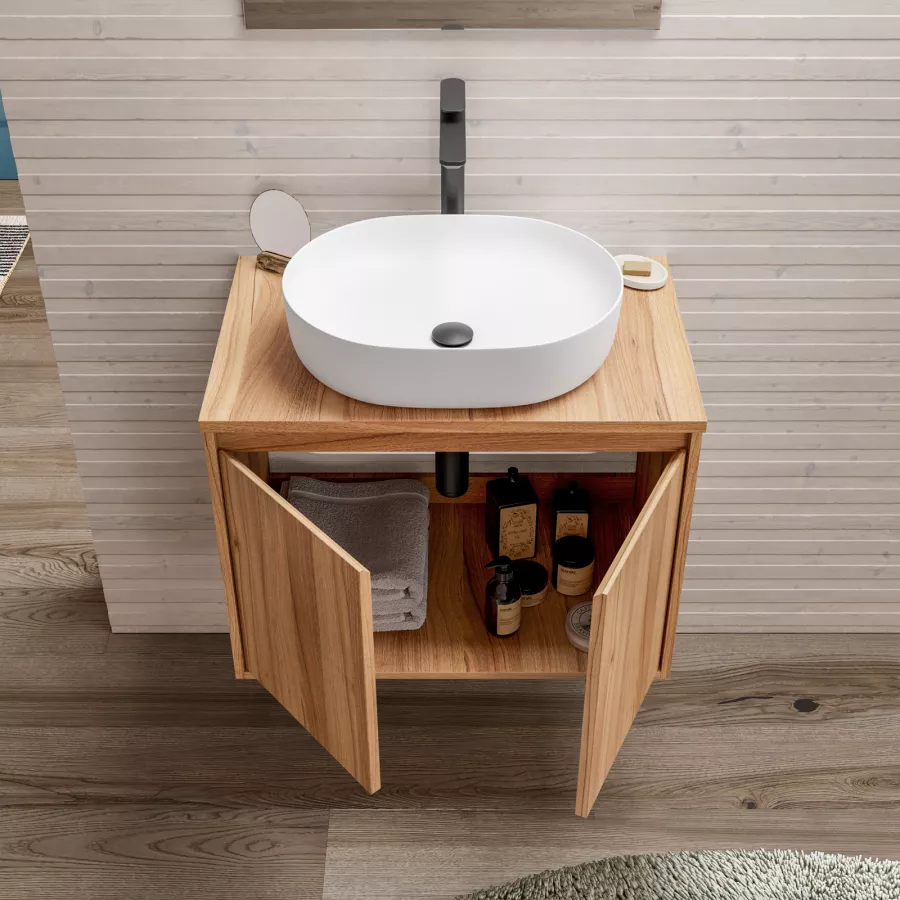 Mobile bagno sospeso portalavabo 70 cm rovere sabbia con ante e specchio -  Nashy