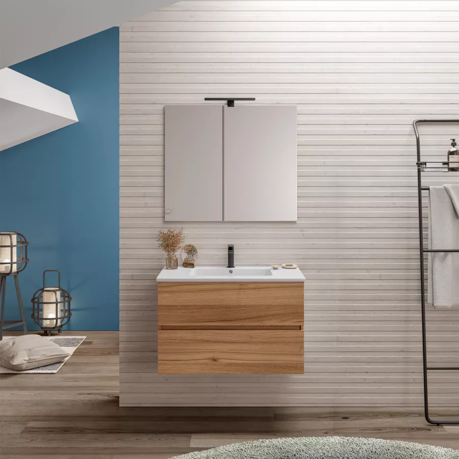 Mobile bagno sospeso 80 cm rovere sabbia con cassetti e lavabo integrato con  specchio - Nashy