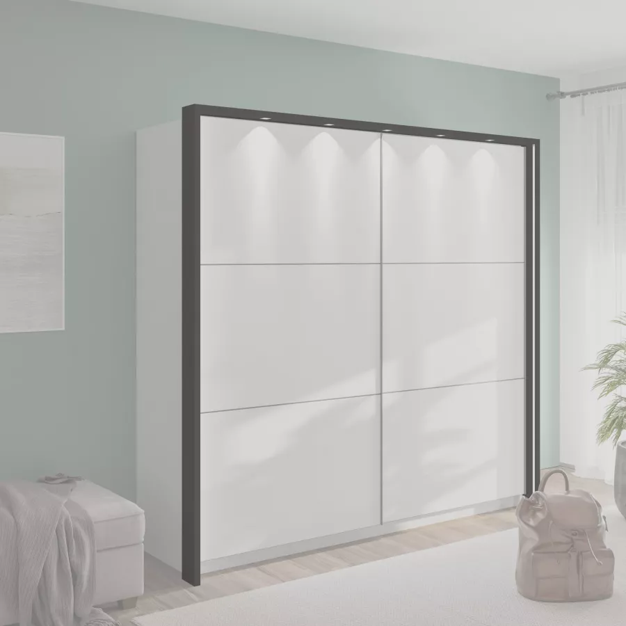 Armadio 217x210h cm con specchio e 2 ante scorrevoli in legno bianco - Rufus