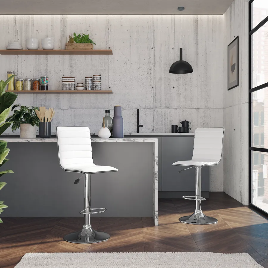 Set Di 2 Sgabelli Da Bar Regolabili In Altezza - Struttura In Metallo E Seduta In Similpelle Imbottita - Colore Tortora/Bianco