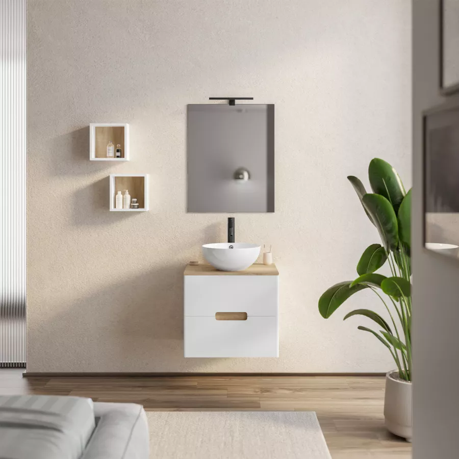 Mobile bagno sospeso 60 cm bianco lucido con top rovere biondo porta lavabo  e specchio - Fisher