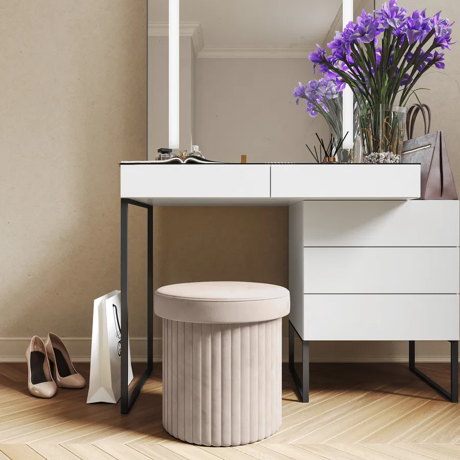 Bsketa Pouf Pieghevole Rotondo 38 Cm - Poggiapiedi In Pelle Bianca Con Contenitore