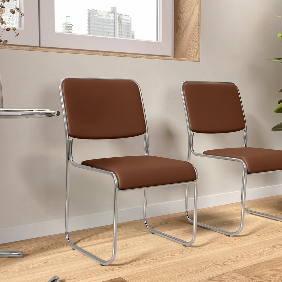 Sedia Imbottita In Ecopelle Marrone, Legno Massello Di Faggio